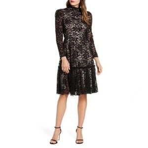 Eliza J Long Sleeve Mock Neck Fit & Flare Lace Dress in Black Size 2